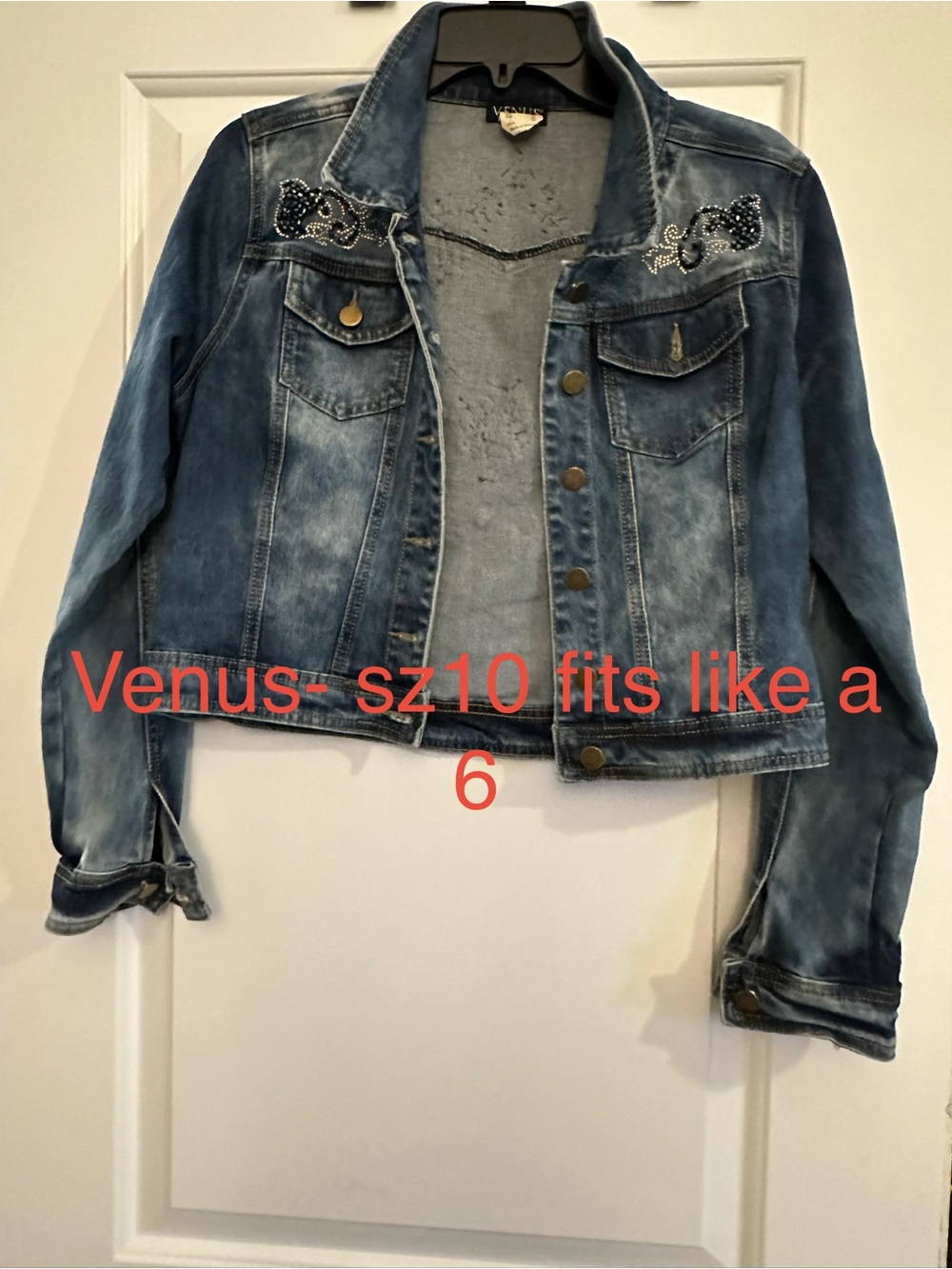 VENUS Blue Embellished Cropped Denim Jacket. Size 10 but fits like a 6.